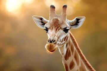 Naklejka premium Curious giraffe looking at the sunset in the african savannah