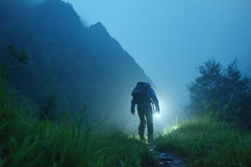 Obraz premium Individual walking through a dense fog creating an enigmatic atmosphere with soft light filtering through