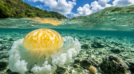 Yellow Jellyfish Underwater.