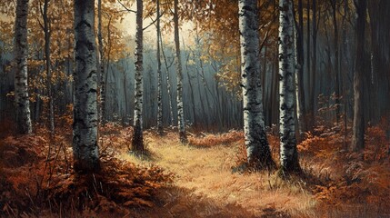 Obraz premium Autumn Birch Forest Path: A Serene Woodland Scene