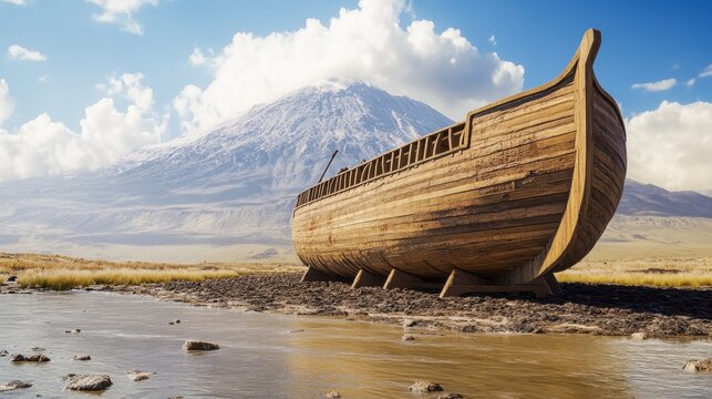 The Majestic Ark: A wooden ark stands proud against the backdrop of a vast landscape under a clear, bright sky, hinting at a journey of epic proportions and a sense of ancient times.