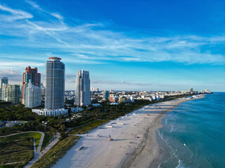 Skyline aerial on Miami marina, Florida. Aerial Miami south beach. Marina landscape in South Beach, USA. Skyline panorama. Sea beach. Miami South beach landscape aerial view. Lively Miami