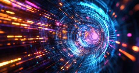 Abstract digital tunnel.  Vibrant glowing lines and circles converge in a hypnotic, fast-paced visual