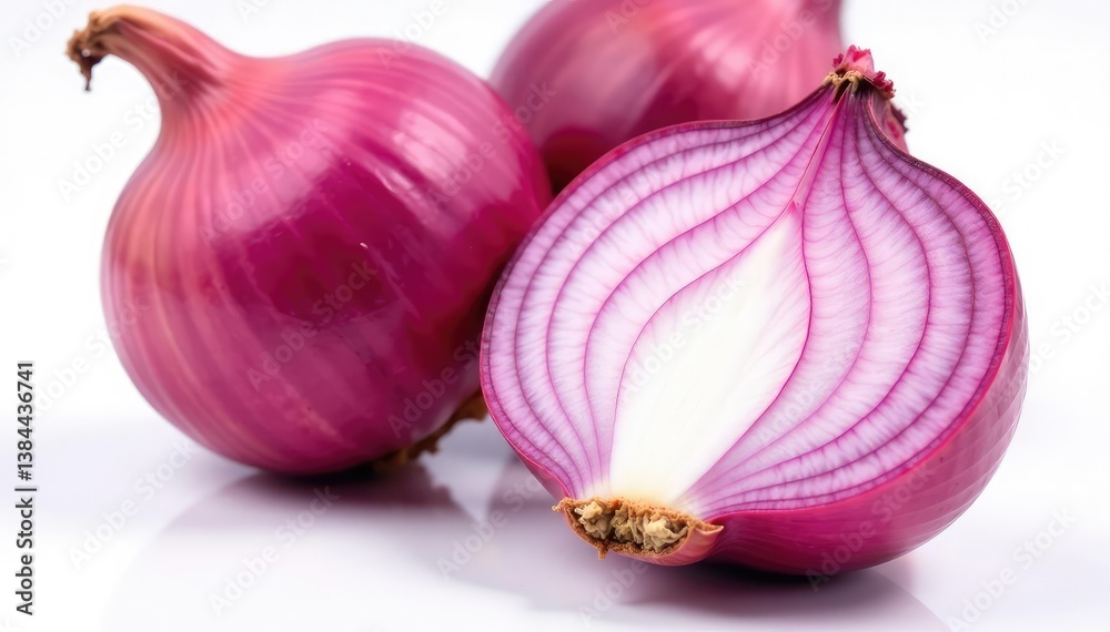 Wall mural close-up of red onion, showing layers and texture, white backdrop , cut, vibrant, white background