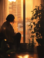 Silhouette of a person gazing out a window.