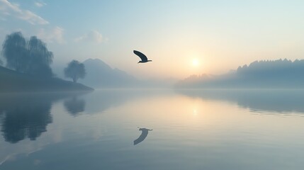 Obraz premium Serene lake at sunrise with tranquil reflection.