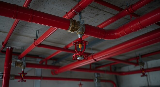A network of bright red sprinkler pipes and sprinkler heads are installed on the ceiling, ensuring safety against potential fire hazards.