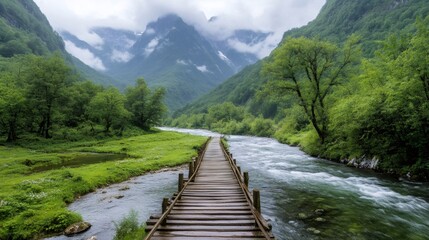 Fototapeta premium Wooden footbridge crossing a pristine river flowing through a lush green valley in Theth National Park, Albania