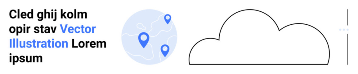 Cloud outline paired with map pins inside a circular map, abstract text content. Ideal for communication, technology, location, storage, navigation, analytics, and simple landing page
