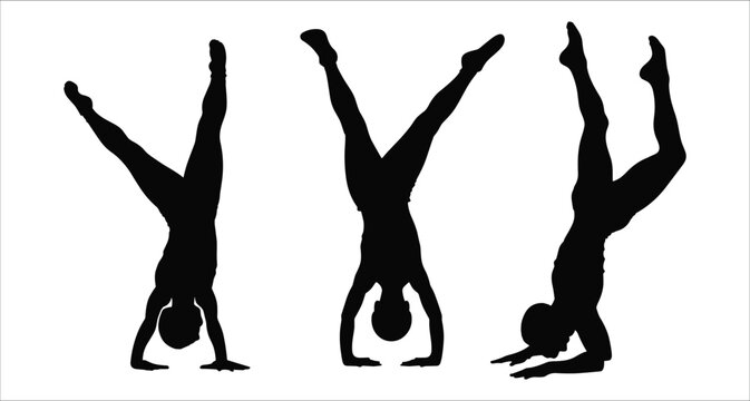 Three people performing handstands in different poses silhouettes vector art. Set of gymnasts balancing on hands silhouette vector design. Black silhouettes of three people in handstand positions