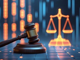Close-up of a wooden judge gavel and glowing balance scale on modern digital background, representing law, justice, legal system, authority, and courtroom symbolism
