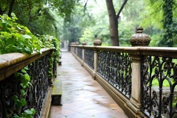 Ivy growing on ornate railing bordering a wet stone path in a lush green park