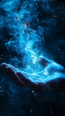 A human hand conjures a mystical blue flame agai