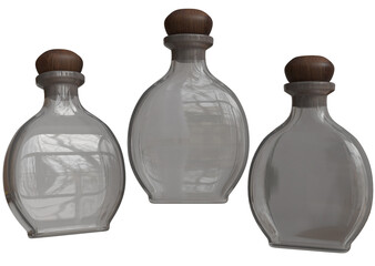 Three empty, round glass bottles with wooden caps