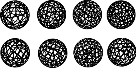 Wireframe sphere set isolated. Striped 3D balls, geometry globe grid collection in different positions. vector set
