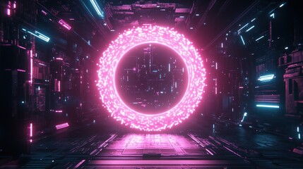 Neon Portal in Futuristic Corridor