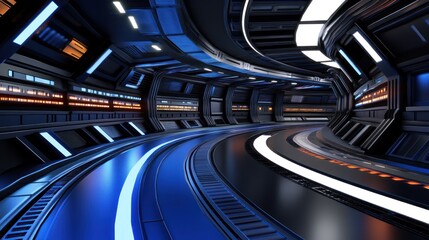 Fototapeta premium Futuristic tunnel interior, glowing blue lights