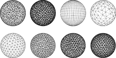 Wireframe sphere set isolated. Striped 3D balls, geometry globe grid collection in different positions. vector set