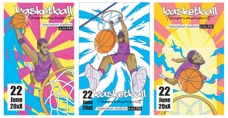 set cartoon illustrations basketball tournament. player dunking ball into ring. template for poster, flyer, cover, promotion