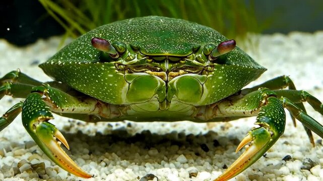 Green crab resting on sand with colorful shell details and aquatic plants in the background
