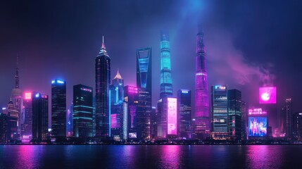 Fototapeta premium Neon Shanghai Skyline at Night