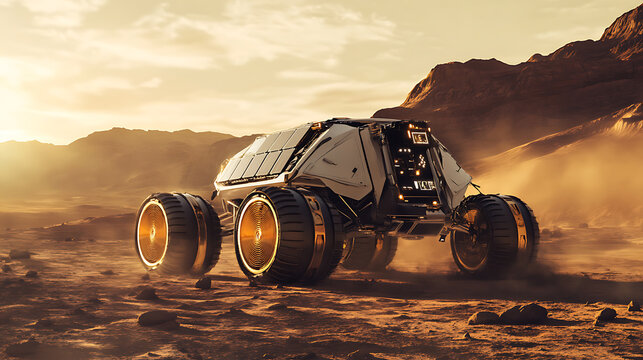 An AI driven space exploration vehicle analyzing surface data and collecting samples on distant planets with autonomous navigation, Space science style, photo of