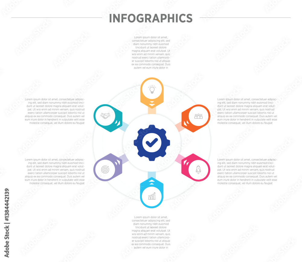 Wall mural business colorful infographics template. 6 steps rounded timeline with options and marketing icons .