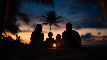 Family Silhouette with Tropical Sunset Beach, and Vacation.