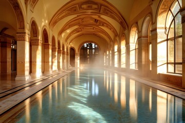 Fototapeta premium Steam rising from a luxurious indoor swimming pool in a fancy hotel or spa