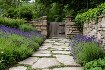 Obraz premium Lavender bordering stone path leading to wooden gate