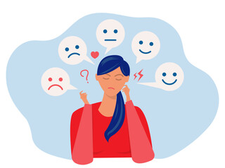 Businesswoman suffers from hormonal with a change in mood. Mental health Suffering from bipolar disorder,emotional themes. sad, angry, bored, sad. flat vector illustration.