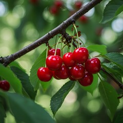 Fototapeta premium lush green leaves, bokeh background, selective focus, natural light, orchard setting, summer harvest, fresh fruit, Delicious ripe red cherries hanging on a branch in an orchard, ready for harvest