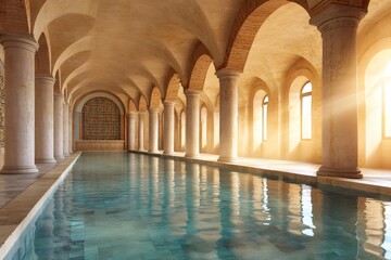 Sunlight illuminating empty indoor swimming pool with columns and arches
