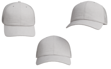 Three views of a plain, light gray baseball cap
