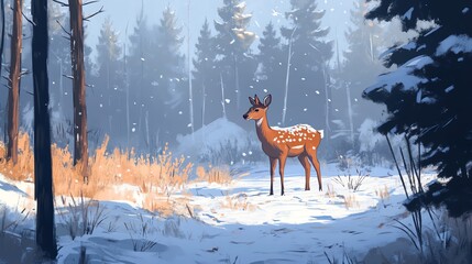 A serene deer standing in a snowy forest.