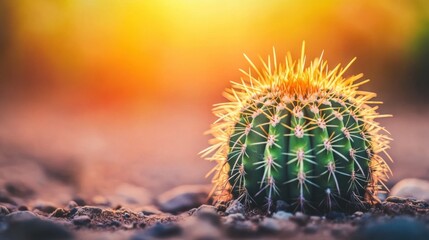 Close-Up of Cactus with Sharp Spines in Warm Sunset Lighting