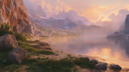 Naklejka premium Mountain Lake Sunrise Serenity
