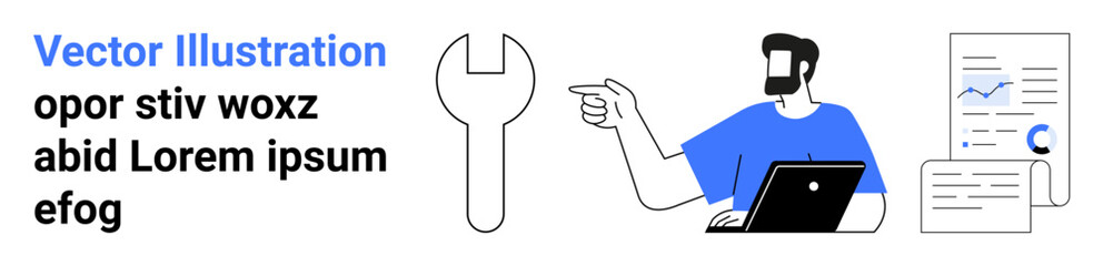 Man using a laptop, pointing at a wrench icon with statistical bar charts and reports. Ideal for business strategy, analytics, teamwork, problem-solving, repair service, technology, flat landing page