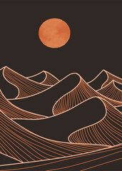 Hand drawn desert illustration sketch with line art print. Abstract contemporary aesthetic background landscape.  use for print art, poster, cover, banner, template