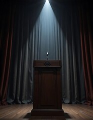 A spotlight illuminates a wooden podium on stage with flowing curtains backdrop