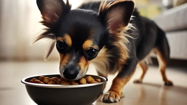 Small chihuahua dog happily munching on dry food from a bowl placed on the floor of a cozy home, enjoying mealtime indoors