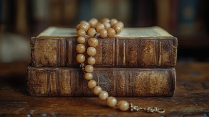 Antique books with rosary on wooden table in library setting