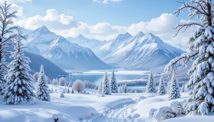 The winter mountain scenery is characterized by snow capped peaks, frozen lakes, and icicles hanging from tree branches