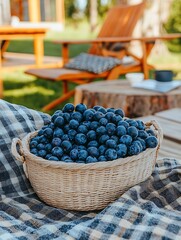 Freshly picked blueberries in a wicker basket on a cozy outdoor picnic setup