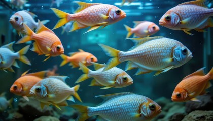Fototapeta premium A vibrant and eclectic array of fish gracefully glide through the crystal clear waters of a transparent fish tank