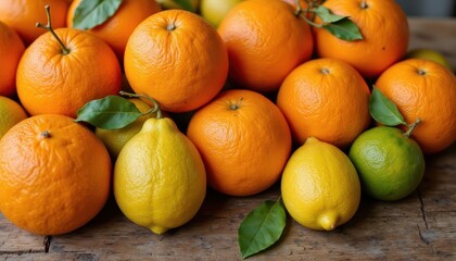 A variety of ripe citrus fruits including oranges, lemons, and limes are displayed on a rustic wooden table