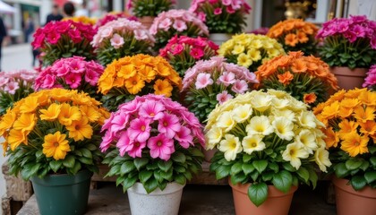 Naklejka premium A vibrant display of various blooming flowers in pots is showcased on a shelf