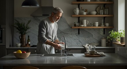 A mature man stands at the kitchen sink, meticulously washing dishes with the water running, in a bright and modern, yet cozy kitchen.
