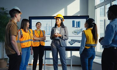A female architect in a presentation, presenting architectural plans to colleagues in an office.