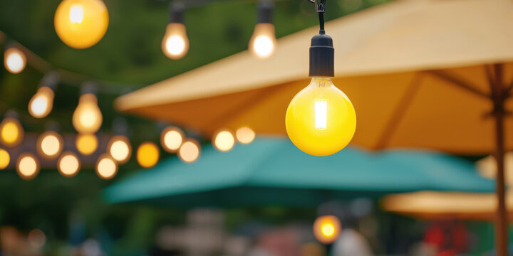 A warm, inviting scene featuring glowing yellow lights hanging above outdoor umbrellas, creating a cozy atmosphere for gatherings.
